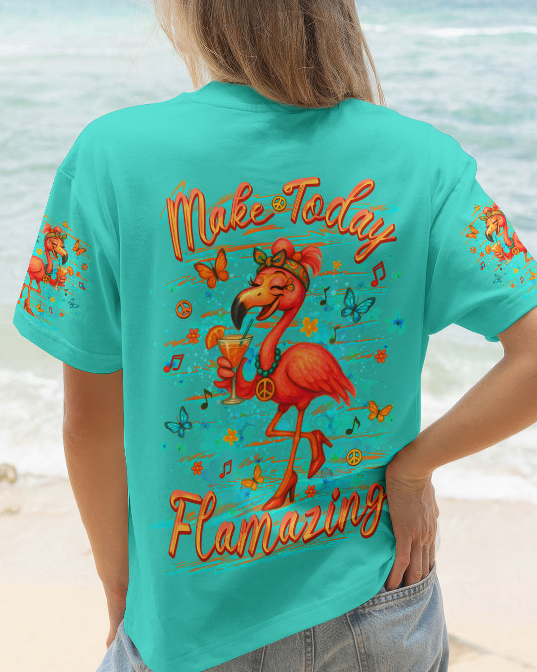 Make Today Flamazing Flamingo Fun Drink Graphic Tee with Music _26 Peace Design for Women AOP Shirt _1_ vGNK5