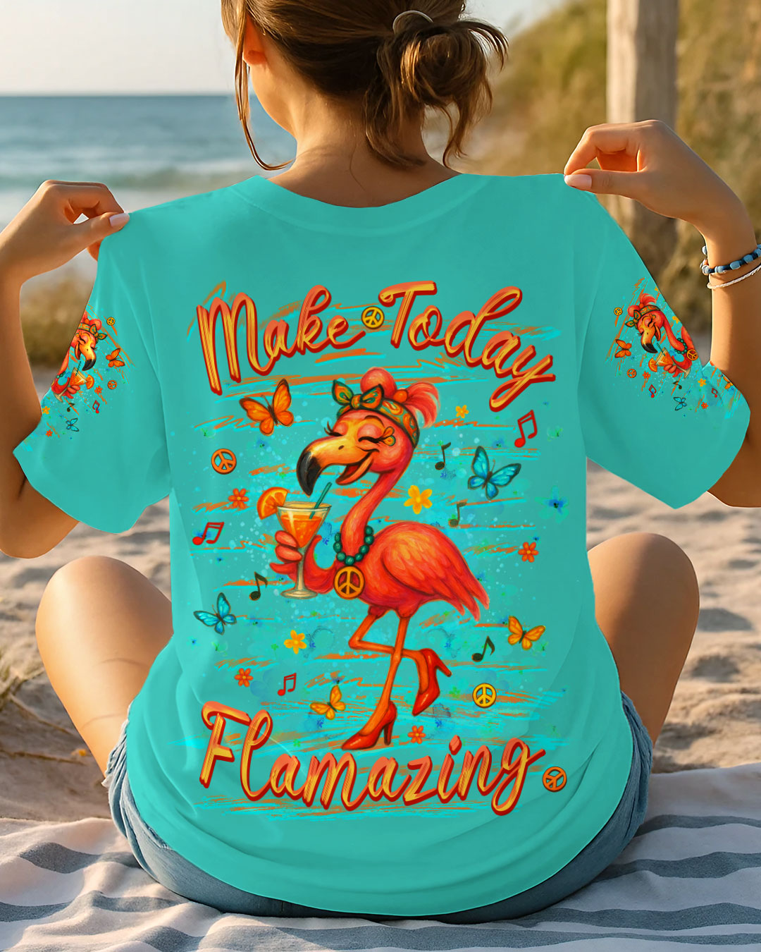 Make Today Flamazing Flamingo Fun Drink Graphic Tee with Music _26 Peace Design for Women AOP Shirt _3_ ctOCp