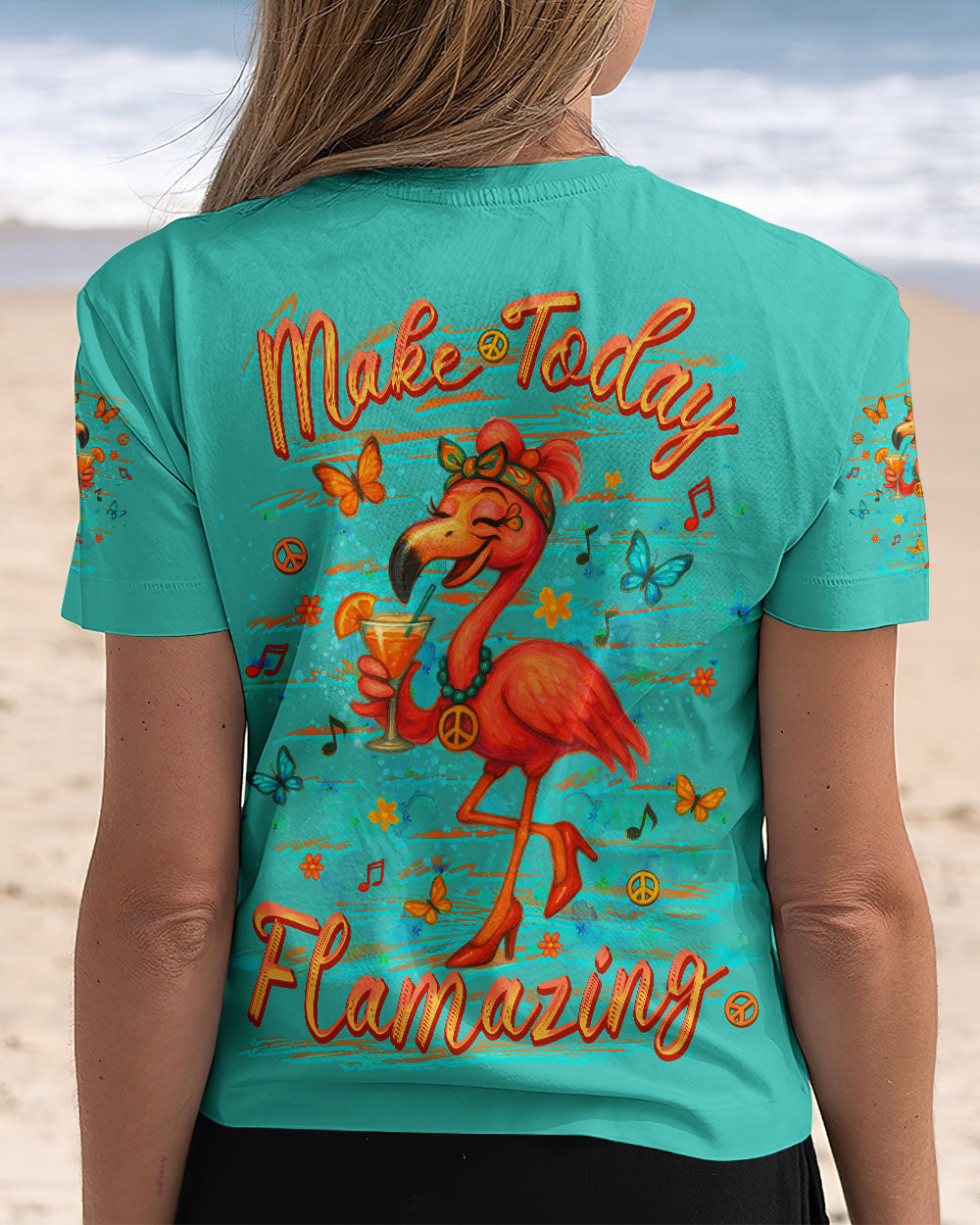Make Today Flamazing Flamingo Fun Drink Graphic Tee with Music _26 Peace Design for Women AOP Shirt _5_ iJwLH
