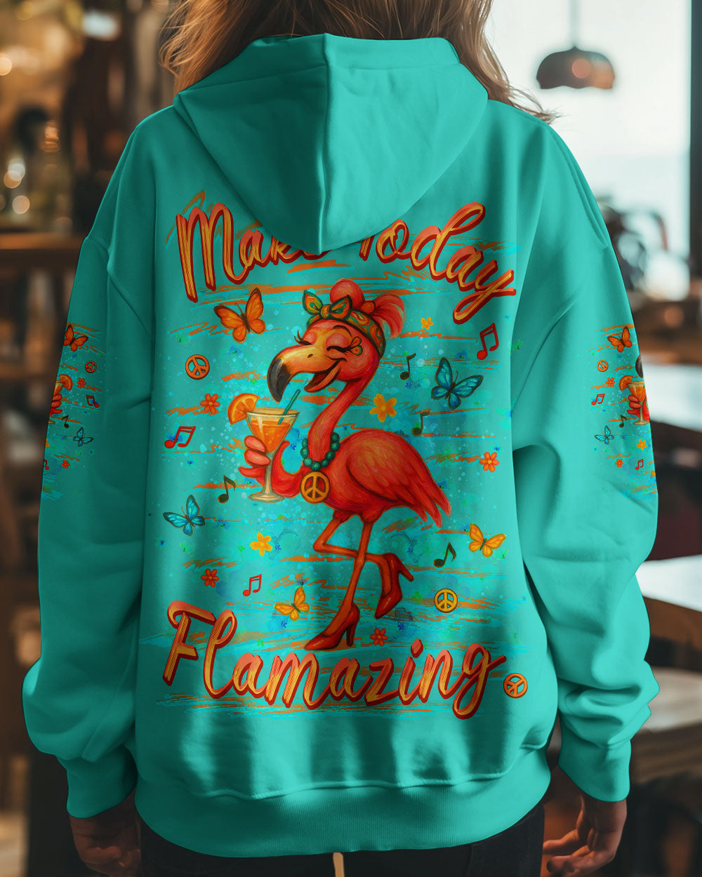 Make Today Flamazing Flamingo Fun Drink Graphic Tee with Music _26 Peace Design for Women AOP Shirt _7_ MF5oH