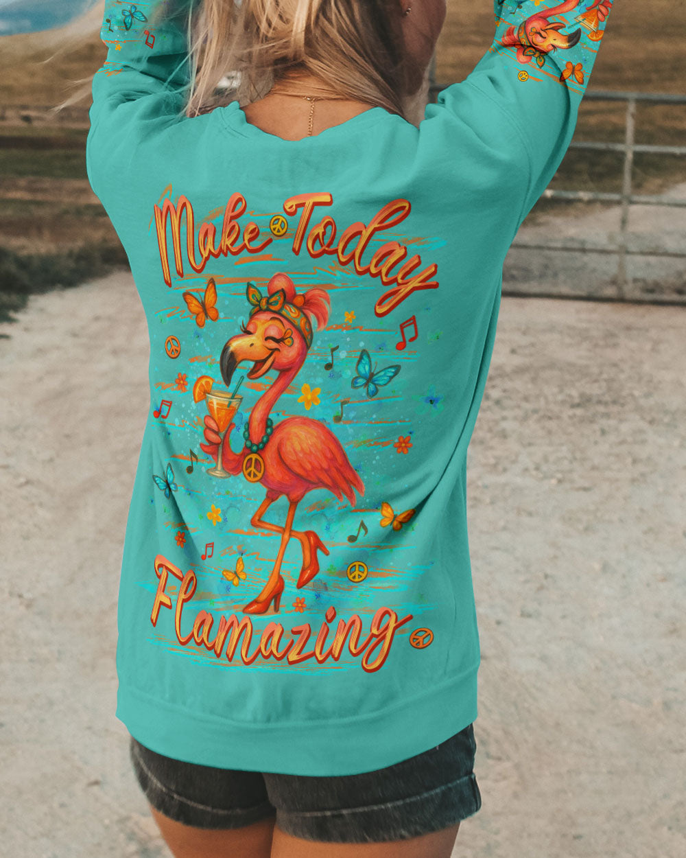 Make Today Flamazing Flamingo Fun Drink Graphic Tee with Music _26 Peace Design for Women AOP Shirt _9_ 7YOdu
