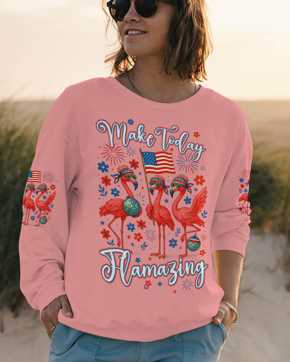 Make Today Flamazing Flamingo Patriotic Graphic Tee with Fireworks _26 USA Flag for Women Tshirt AOP Shirts _5_ jV9uJ