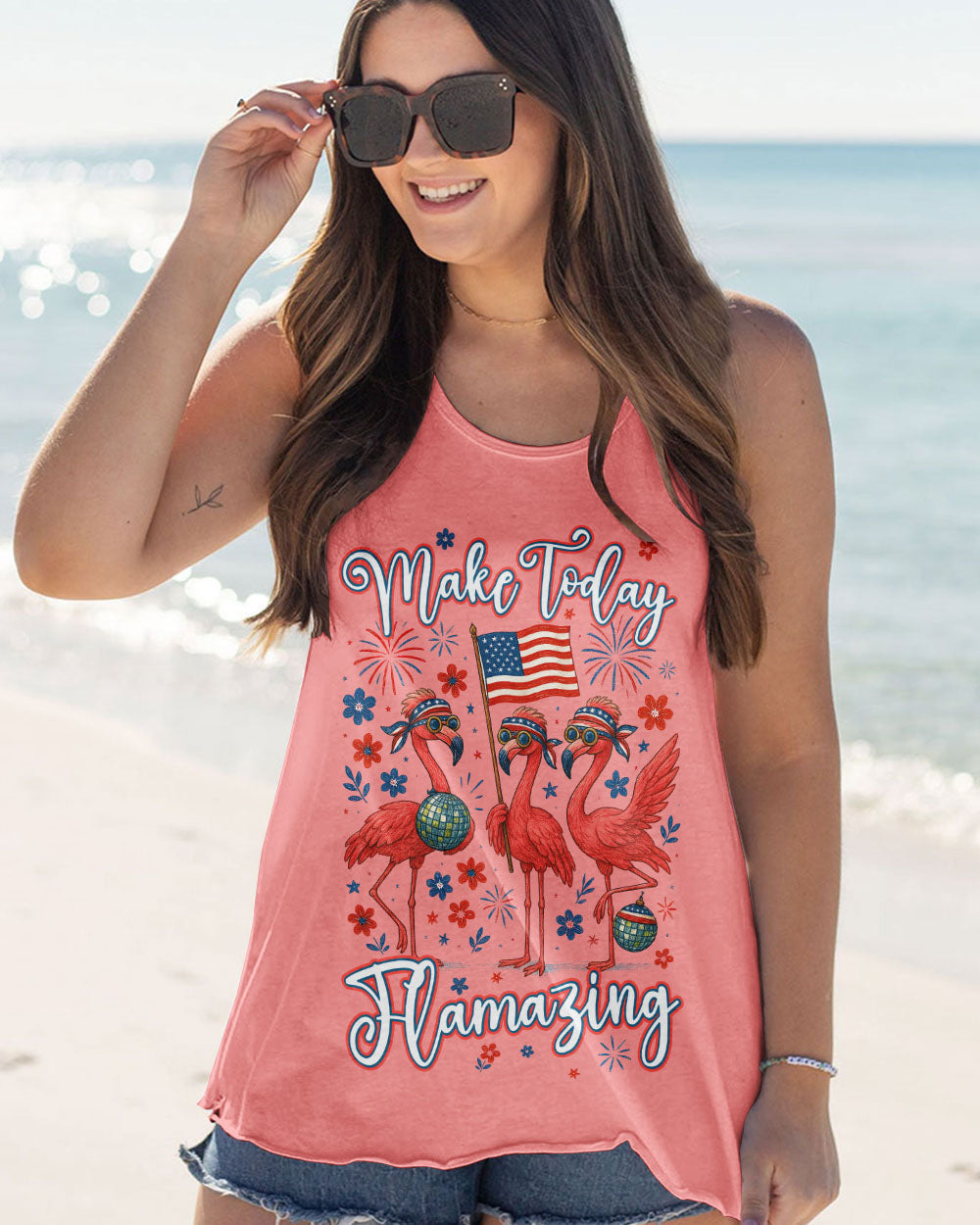 Make Today Flamazing Flamingo Patriotic Graphic Tee with Fireworks _26 USA Flag for Women Tshirt AOP Shirts _7_ 65zOR