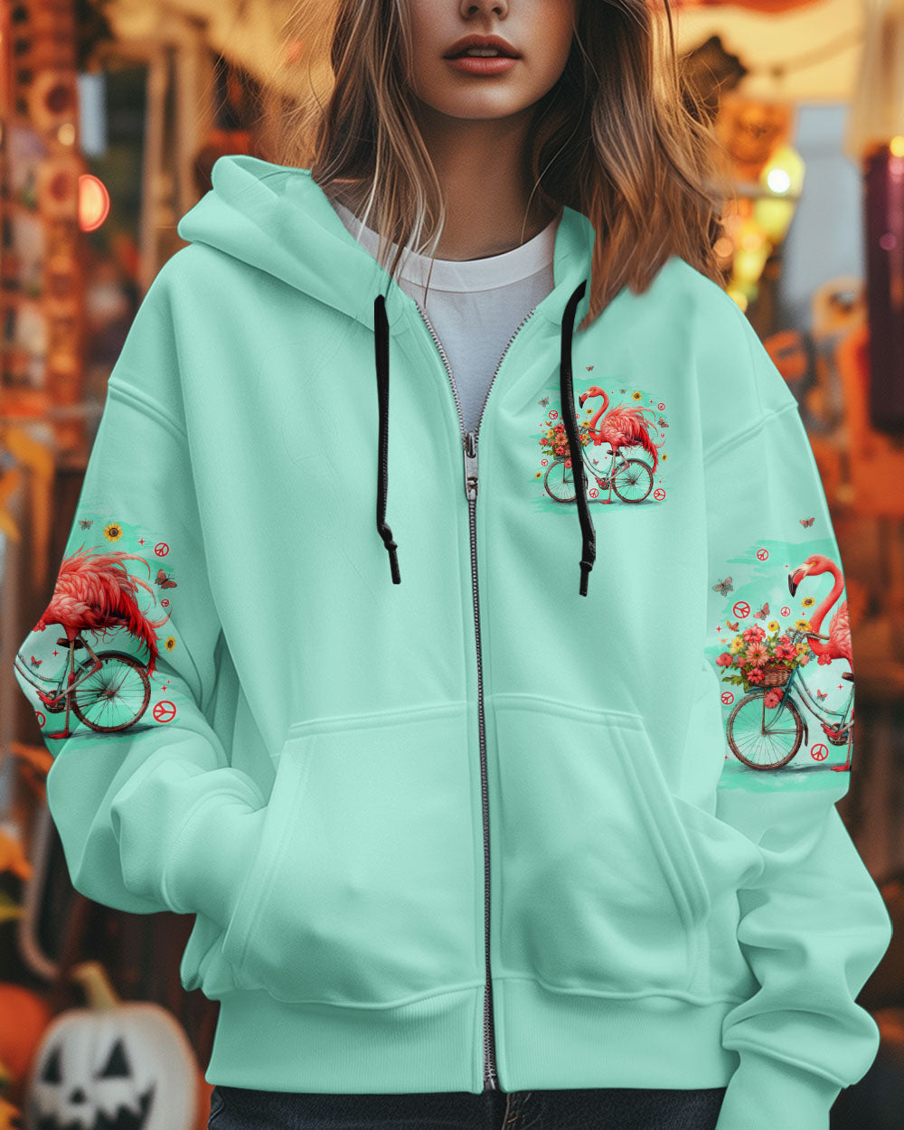 Make Today Flamazing Flamingo on Bicycle with Flower Graphic for Women AOP Shirts _10_ KmcyA