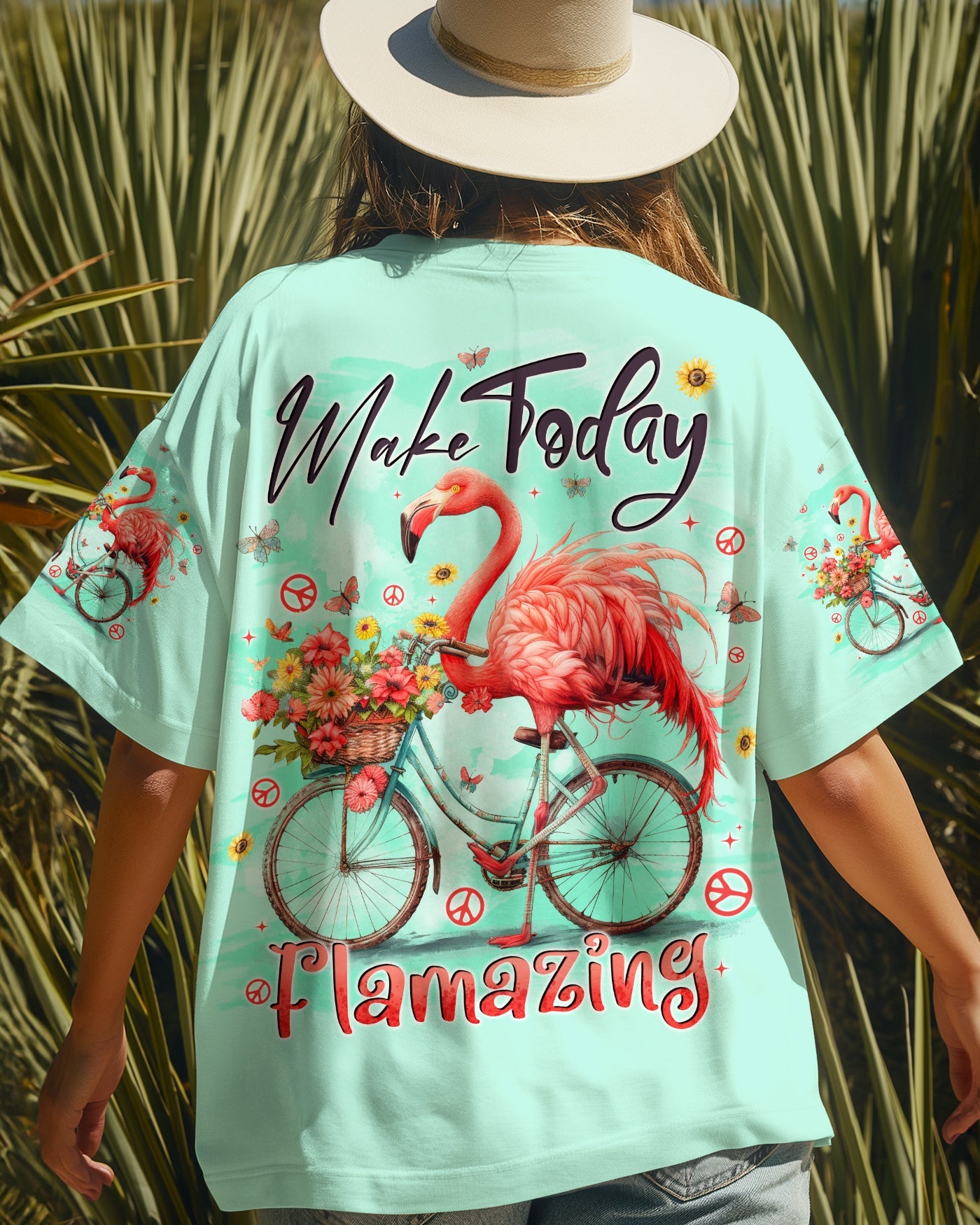 Make Today Flamazing Flamingo on Bicycle with Flower Graphic for Women AOP Shirts _3_ TEX12