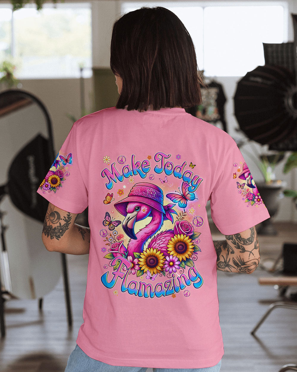 Make Today Flamazing Flamingo with Sunflower Cute Pink AOP Shirts _1_ OLiKq