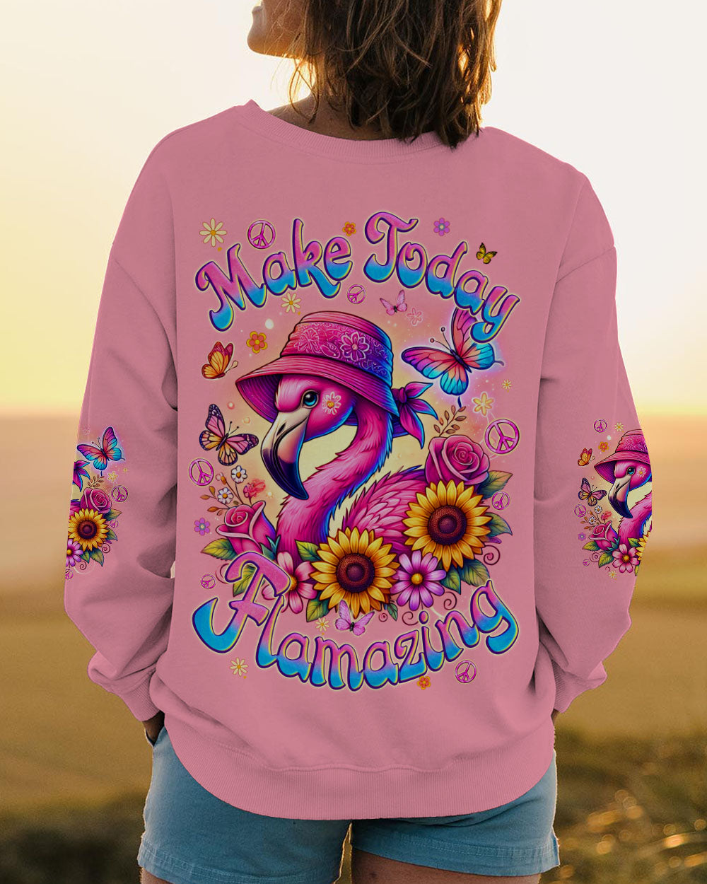 Make Today Flamazing Flamingo with Sunflower Cute Pink AOP Shirts _7_ cXGOL