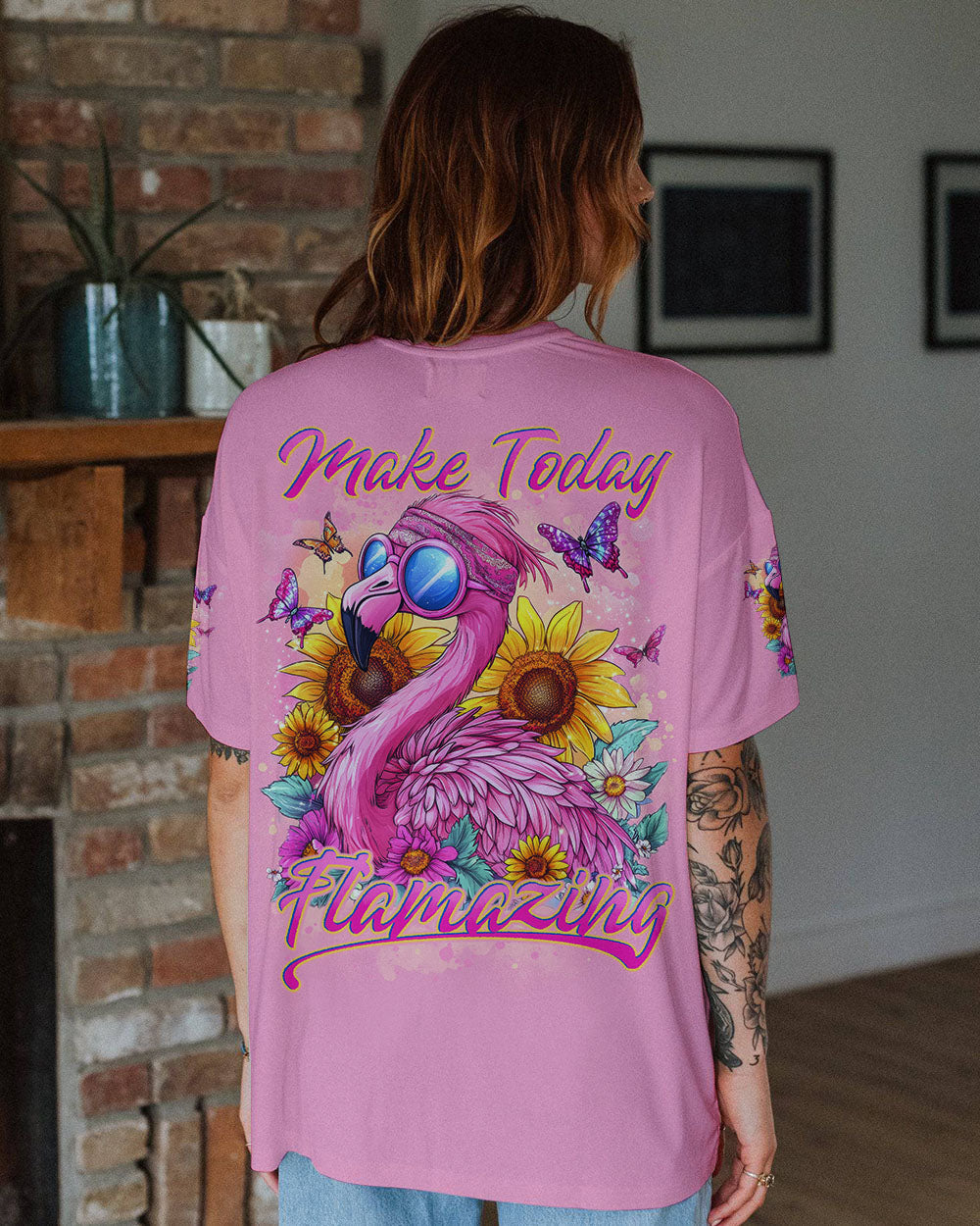 Make Today Flamazing Pink Flamingo Inspirational Graphic AOP Shirts _13_ KKMpZ