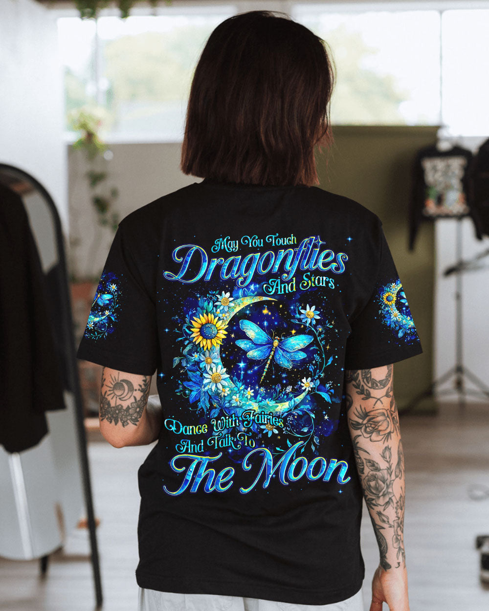 May You Touch Dragonflies and Stars Dragonflies and Moon Floral Graphic AOP Shirts _10_ LxoJ6