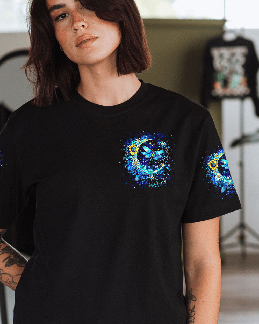 May You Touch Dragonflies and Stars Dragonflies and Moon Floral Graphic AOP Shirts _9_ 7WznN