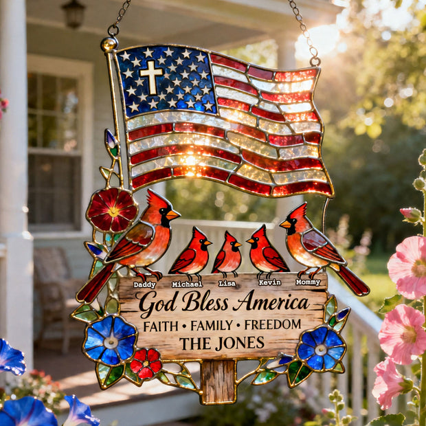 Peaceful American Cardinal Family Under God - Personalized Stained Glass Suncatcher - Gift for Family
