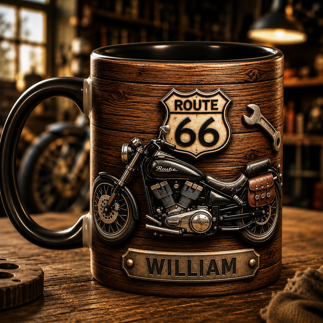 Motorcycle_Personalized_Biker_3D_Mug_with_custom_name_featuring_a_classic_cruiser_motorcycle_and_Route_66_sign_on_a_rustic_wood_background