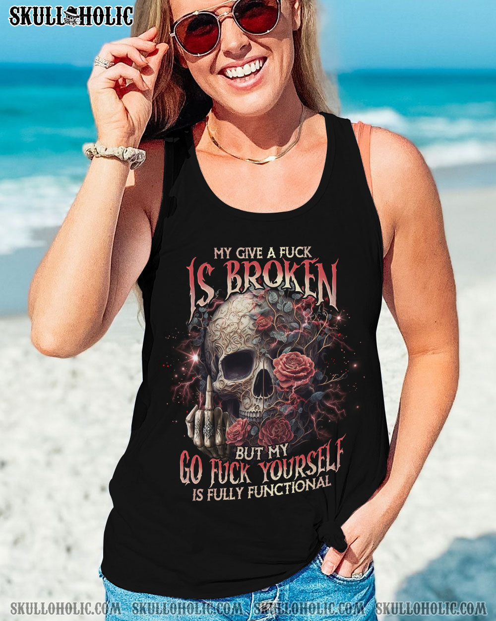 My Give a F Is Broken but my Go F Yourself is Fully Funtional Skull Gothic Attitude Roses AOP Shirts _10_ PdBkf