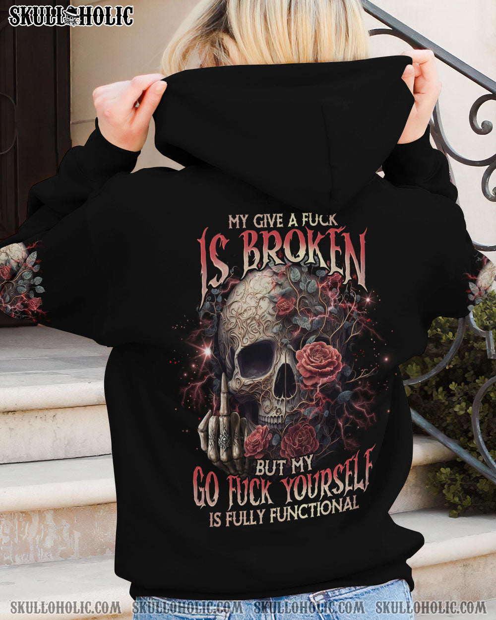 My Give a F Is Broken but my Go F Yourself is Fully Funtional Skull Gothic Attitude Roses AOP Shirts _13_ bCweA