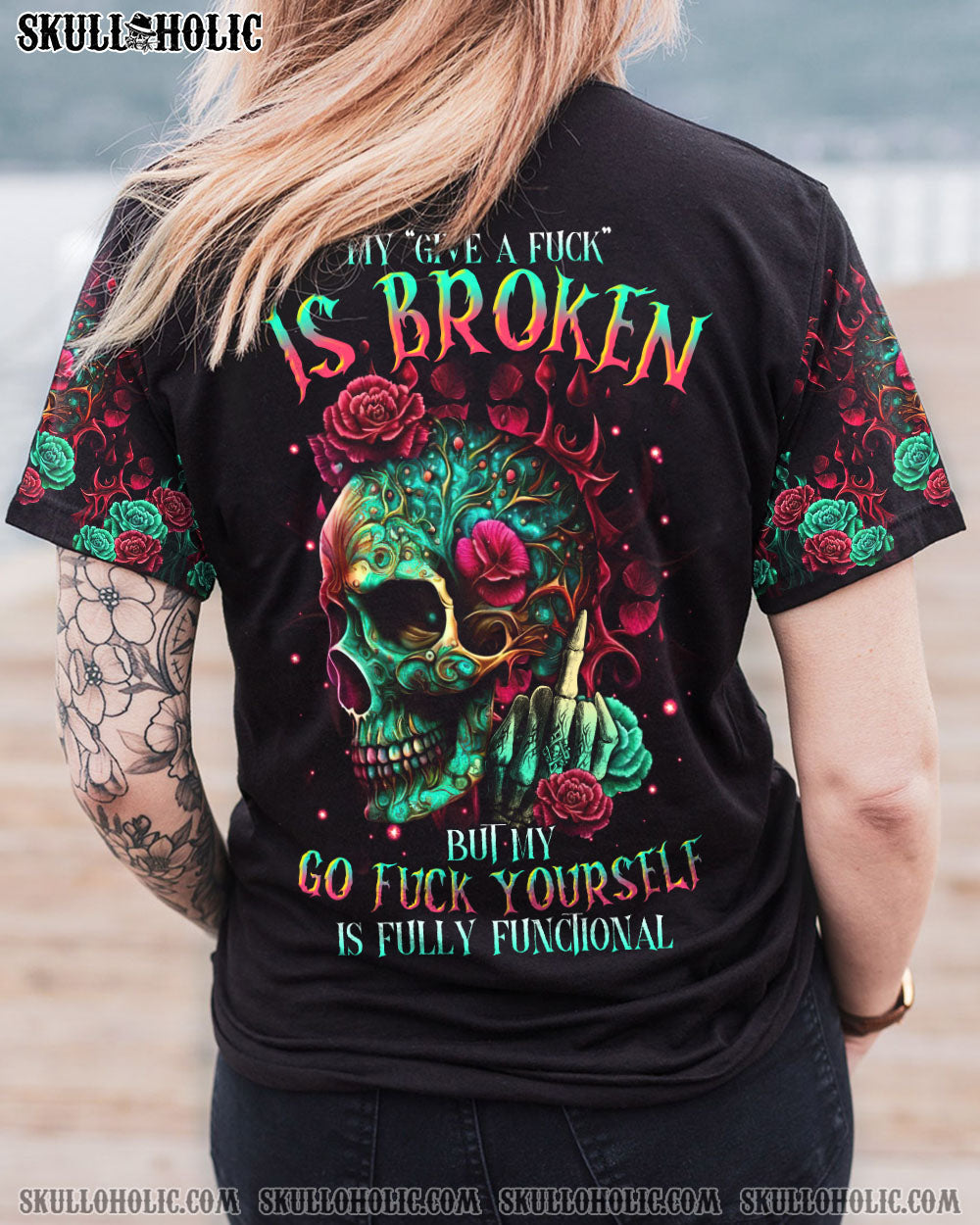 My Give a F is Broken but My go F yourself is fully Funtional Skull Colorful Floral AOP Shirts _1_ fcn5z