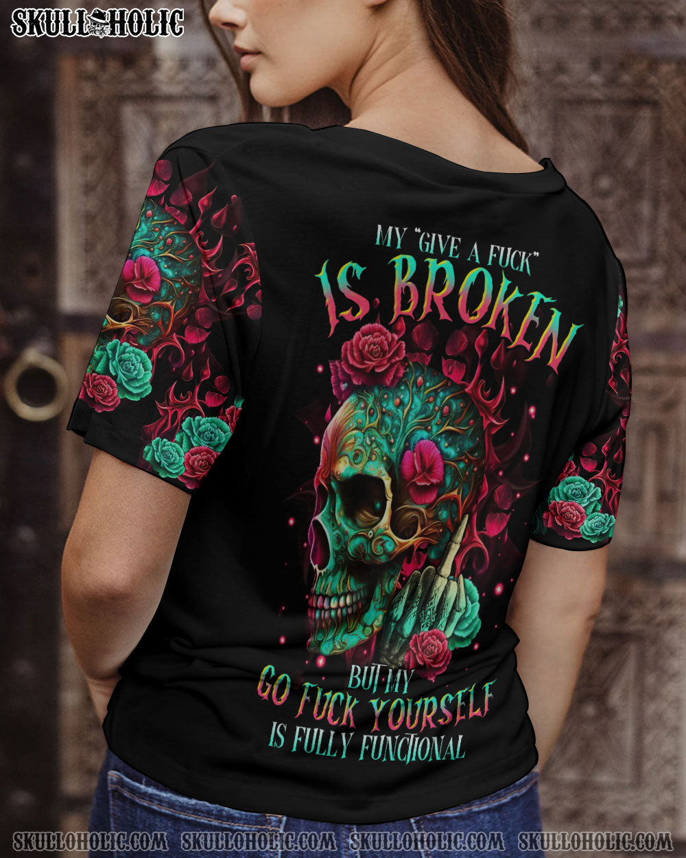 My Give a F is Broken but My go F yourself is fully Funtional Skull Colorful Floral AOP Shirts _7_ FPfsG