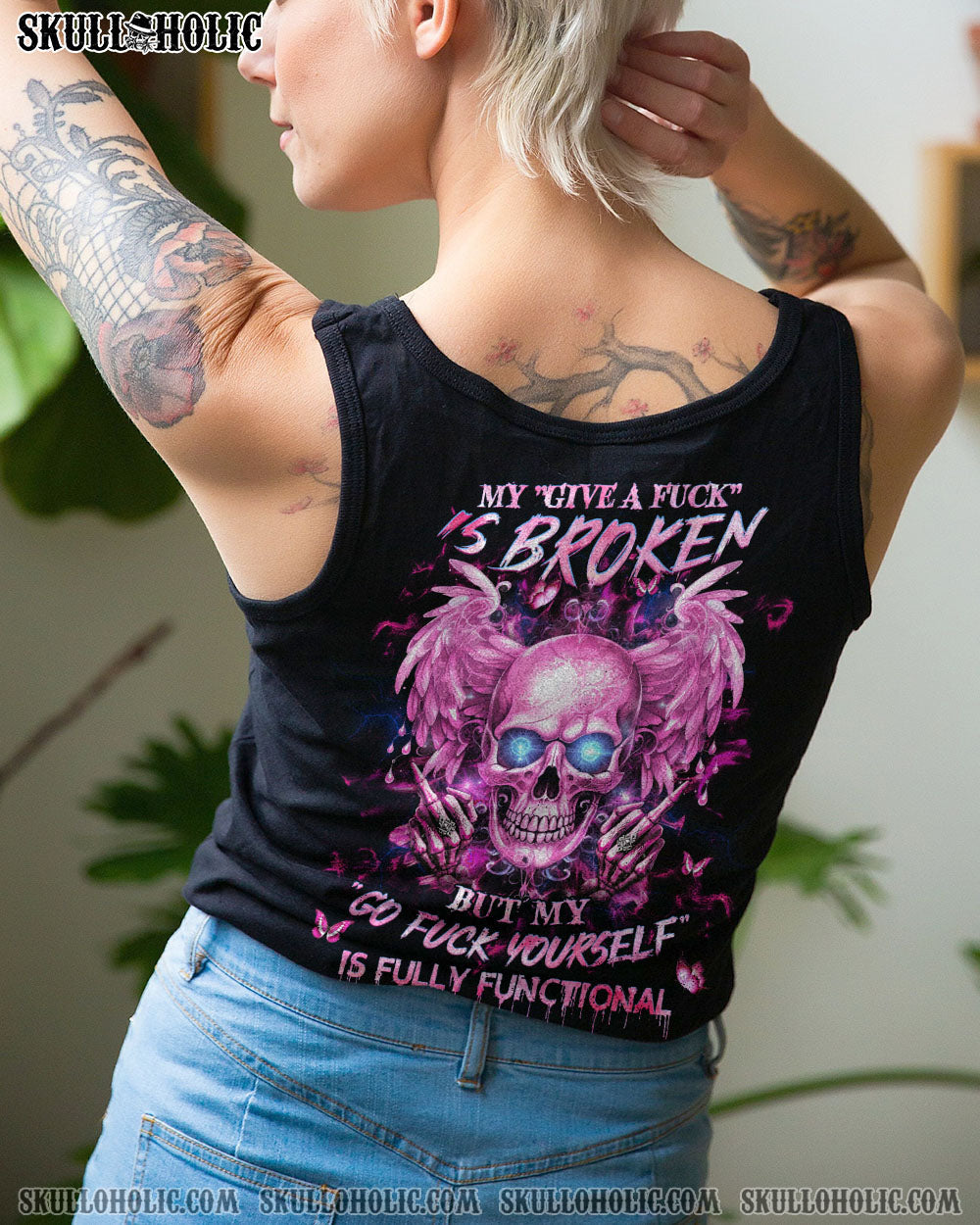 My Give a Fck Is Broken But My Go Fck Yourself Is Fully Functional Pink Skull and Attitude AOP Shirts _16_ AbXkF