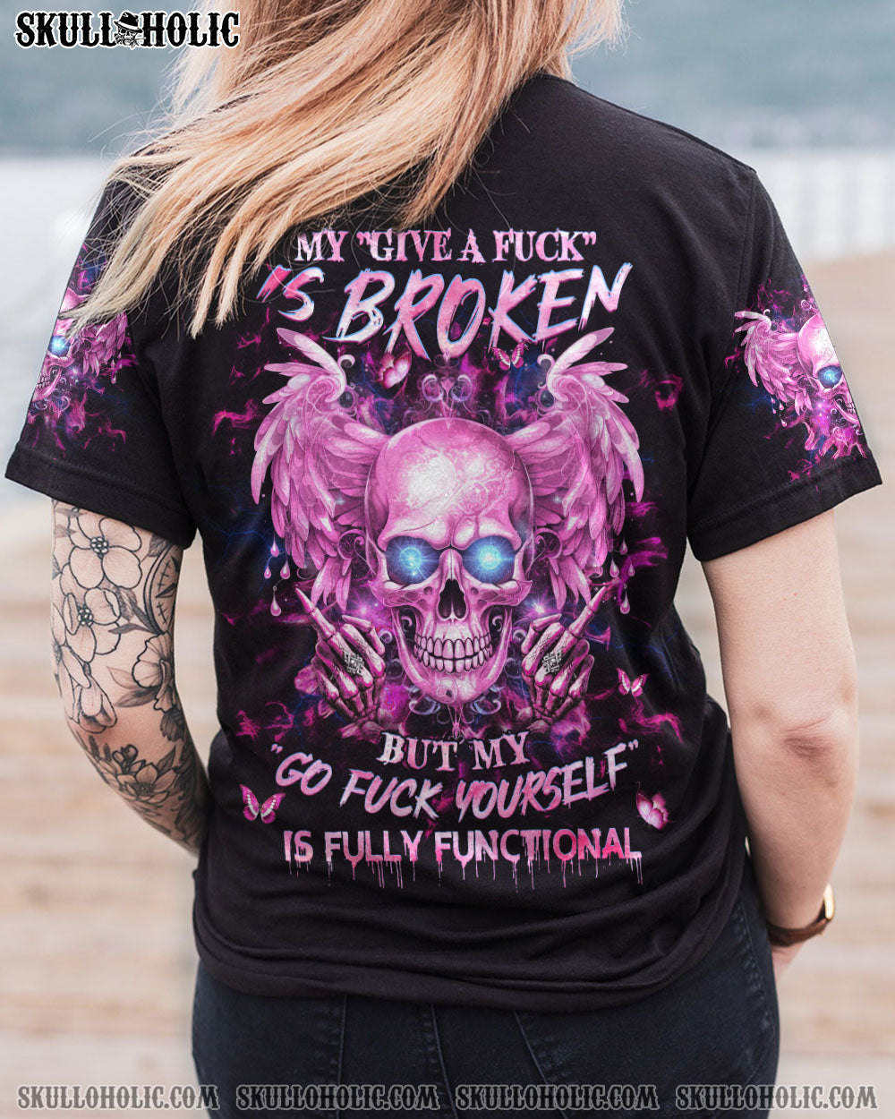 My Give a Fck Is Broken But My Go Fck Yourself Is Fully Functional Pink Skull and Attitude AOP Shirts _1_ 7acOJ