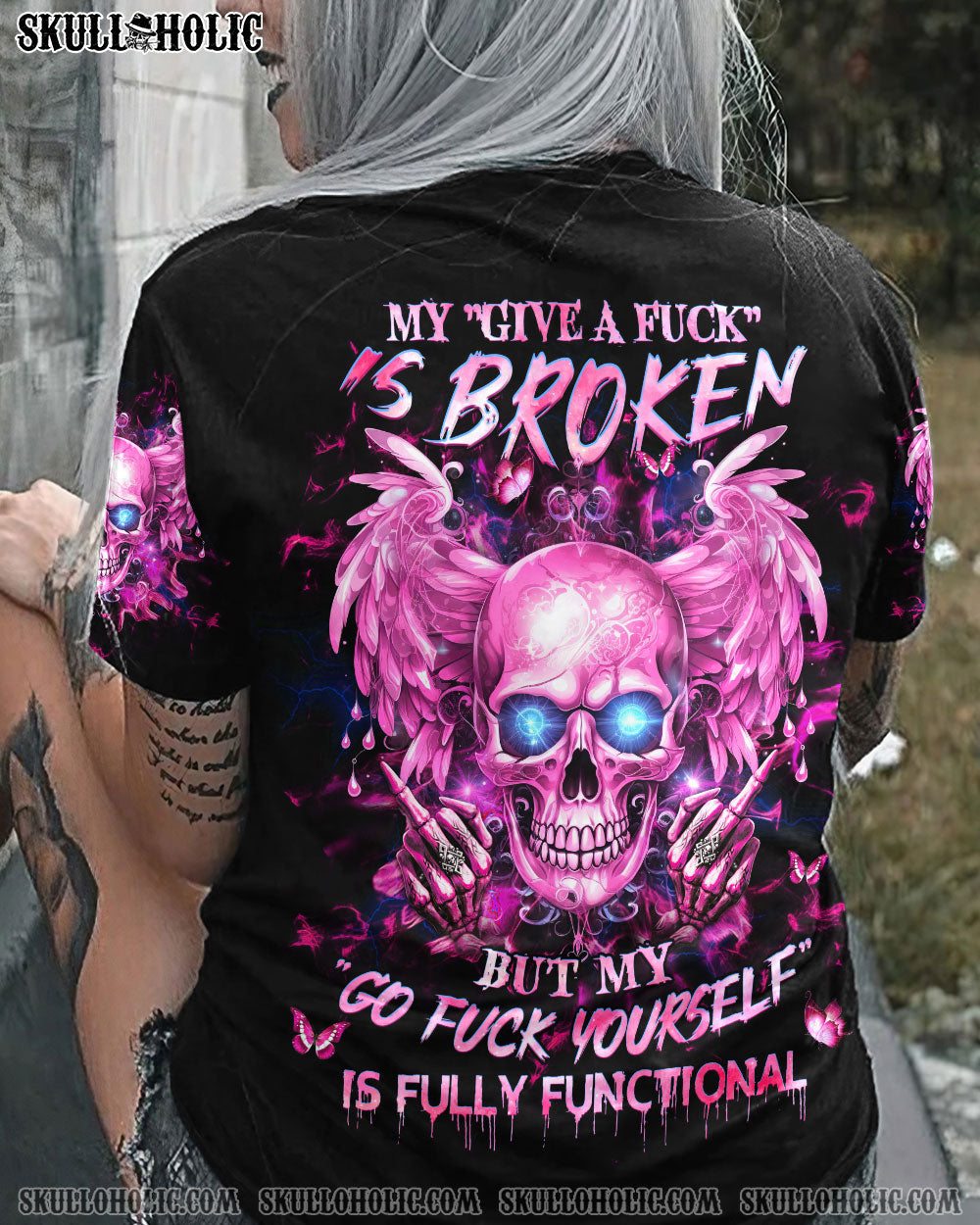 My Give a Fck Is Broken But My Go Fck Yourself Is Fully Functional Pink Skull and Attitude AOP Shirts _6_ 1RgRG