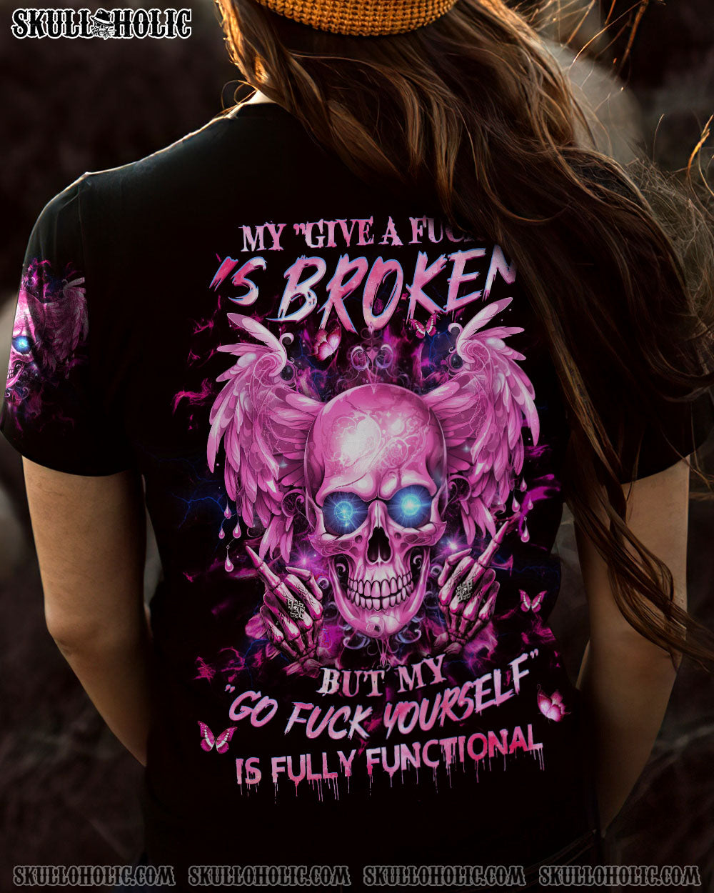 My Give a Fck Is Broken But My Go Fck Yourself Is Fully Functional Pink Skull and Attitude AOP Shirts _8_ i1psx