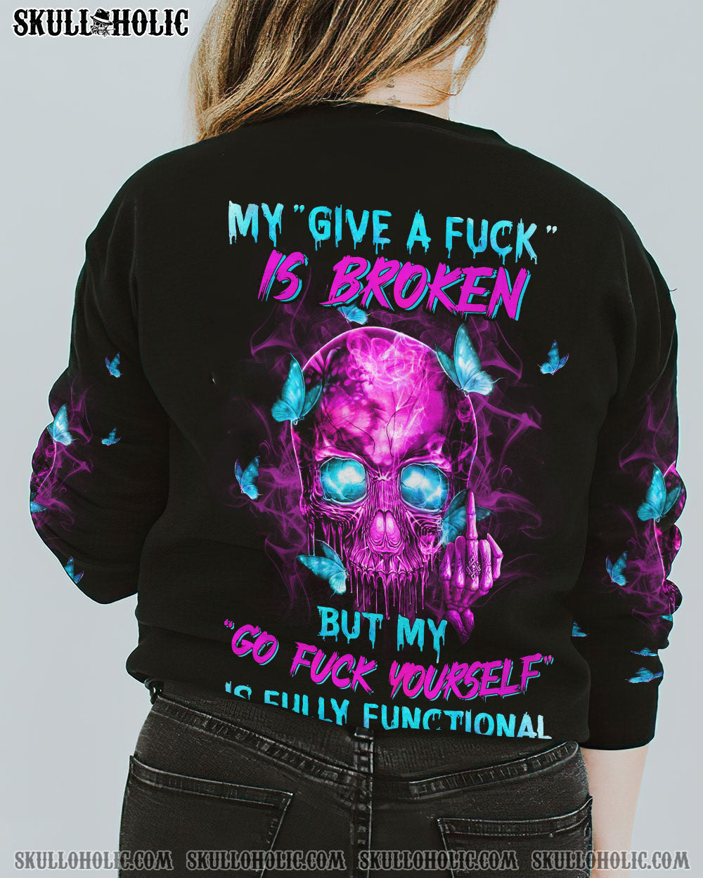 My Give a Fck Is Broken But My Go Fck Yourself Is Fully Functional Pink Skull and Butterflies AOP Shirts _1_ YFGwn