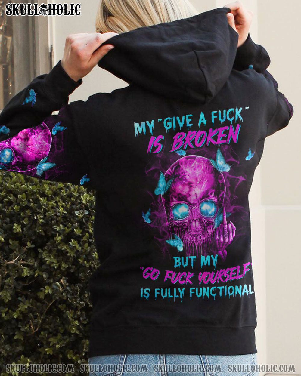 My Give a Fck Is Broken But My Go Fck Yourself Is Fully Functional Pink Skull and Butterflies AOP Shirts _3_ QADy2
