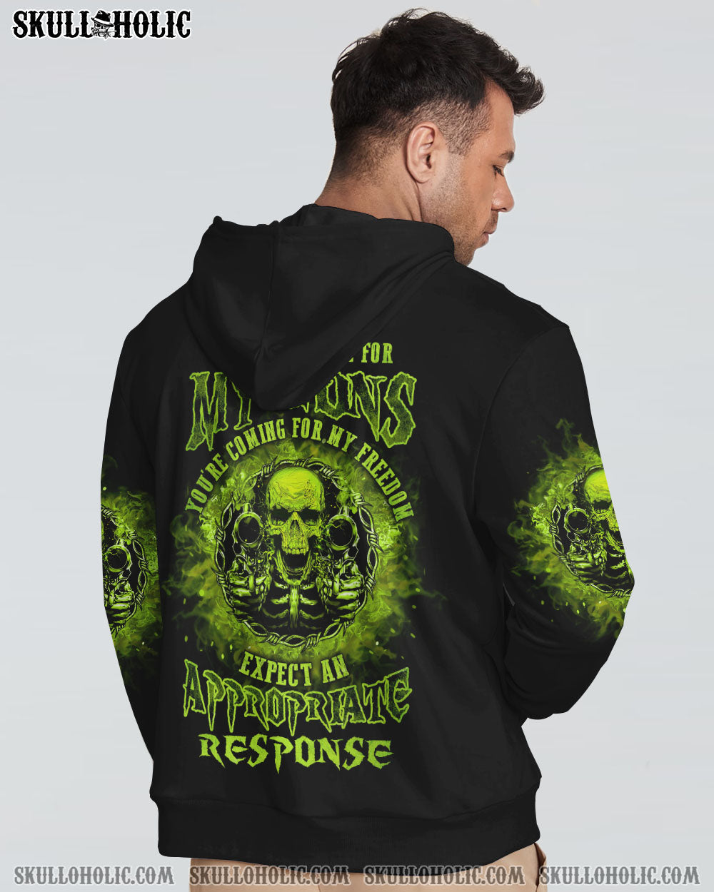 My Guns My Freedom Expect an Appropriate Response Green Skull Graphic Tee AOP Shirts _10_ FvQCh