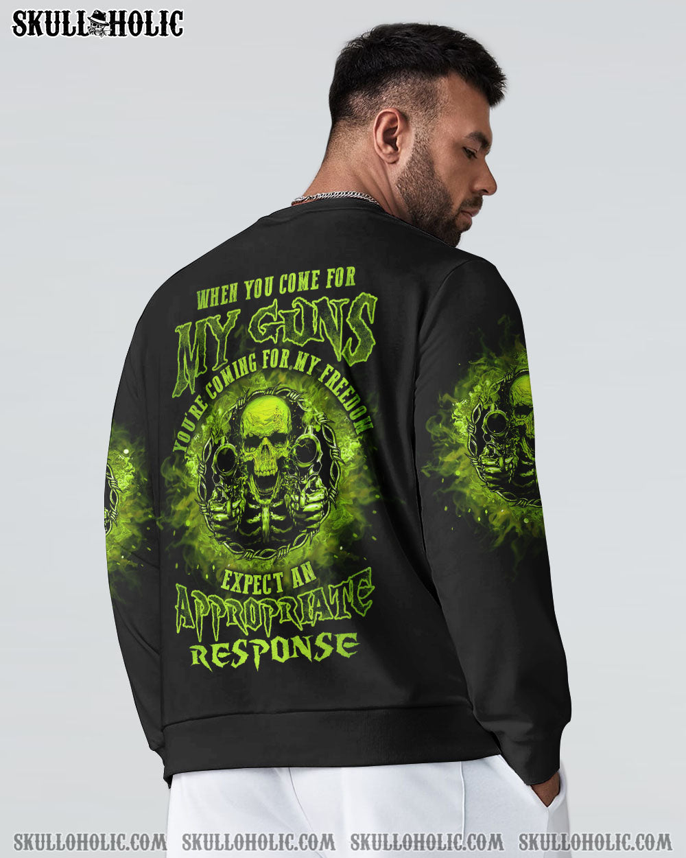 My Guns My Freedom Expect an Appropriate Response Green Skull Graphic Tee AOP Shirts _12_ fYOav