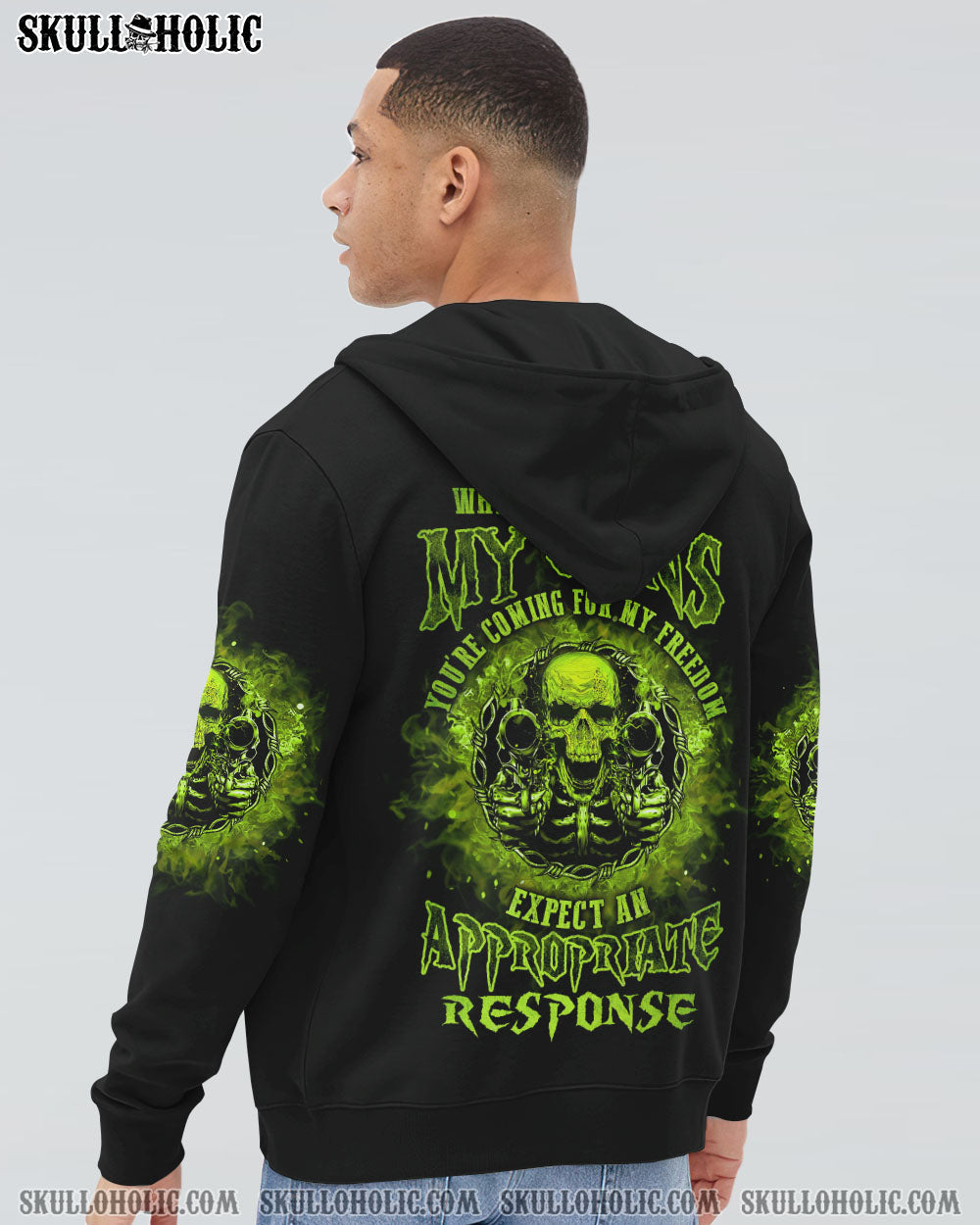 My Guns My Freedom Expect an Appropriate Response Green Skull Graphic Tee AOP Shirts _14_ g9lUa