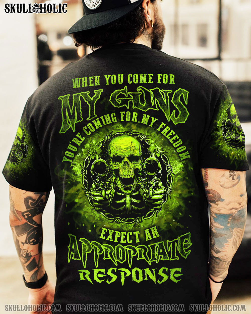 My Guns My Freedom Expect an Appropriate Response Green Skull Graphic Tee AOP Shirts _1_ AxziK