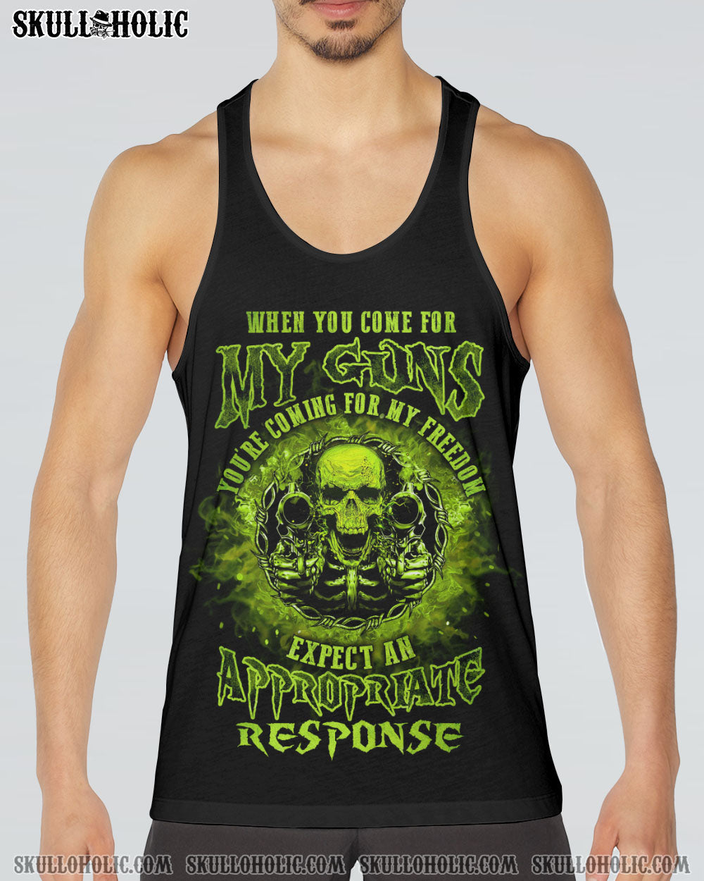 My Guns My Freedom Expect an Appropriate Response Green Skull Graphic Tee AOP Shirts _7_ zdp95