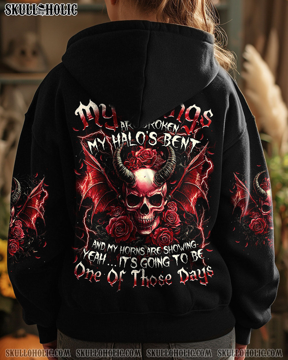 My Wing are Broken My Halos Bent Red Devil Skull and Roses Gothic Graphic AOP Shirts _10_ J5TDd