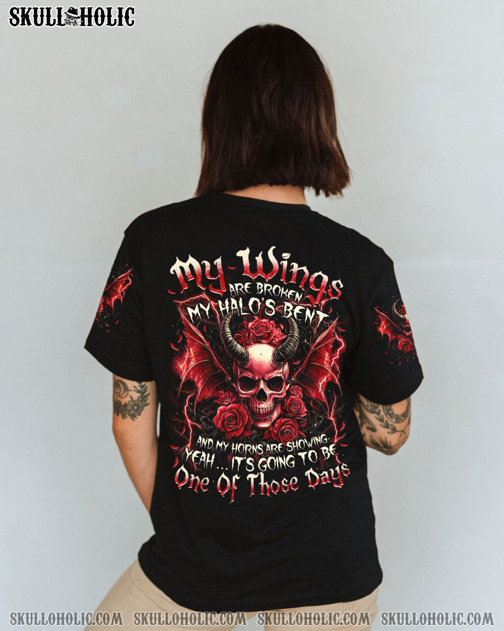 My Wing are Broken My Halos Bent Red Devil Skull and Roses Gothic Graphic AOP Shirts _12_ vhv4V
