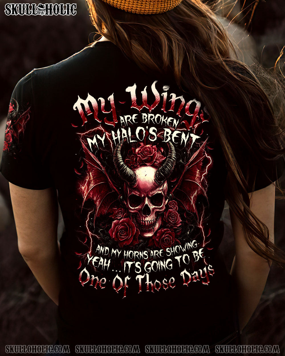 My Wing are Broken My Halos Bent Red Devil Skull and Roses Gothic Graphic AOP Shirts _1_ vzwQs