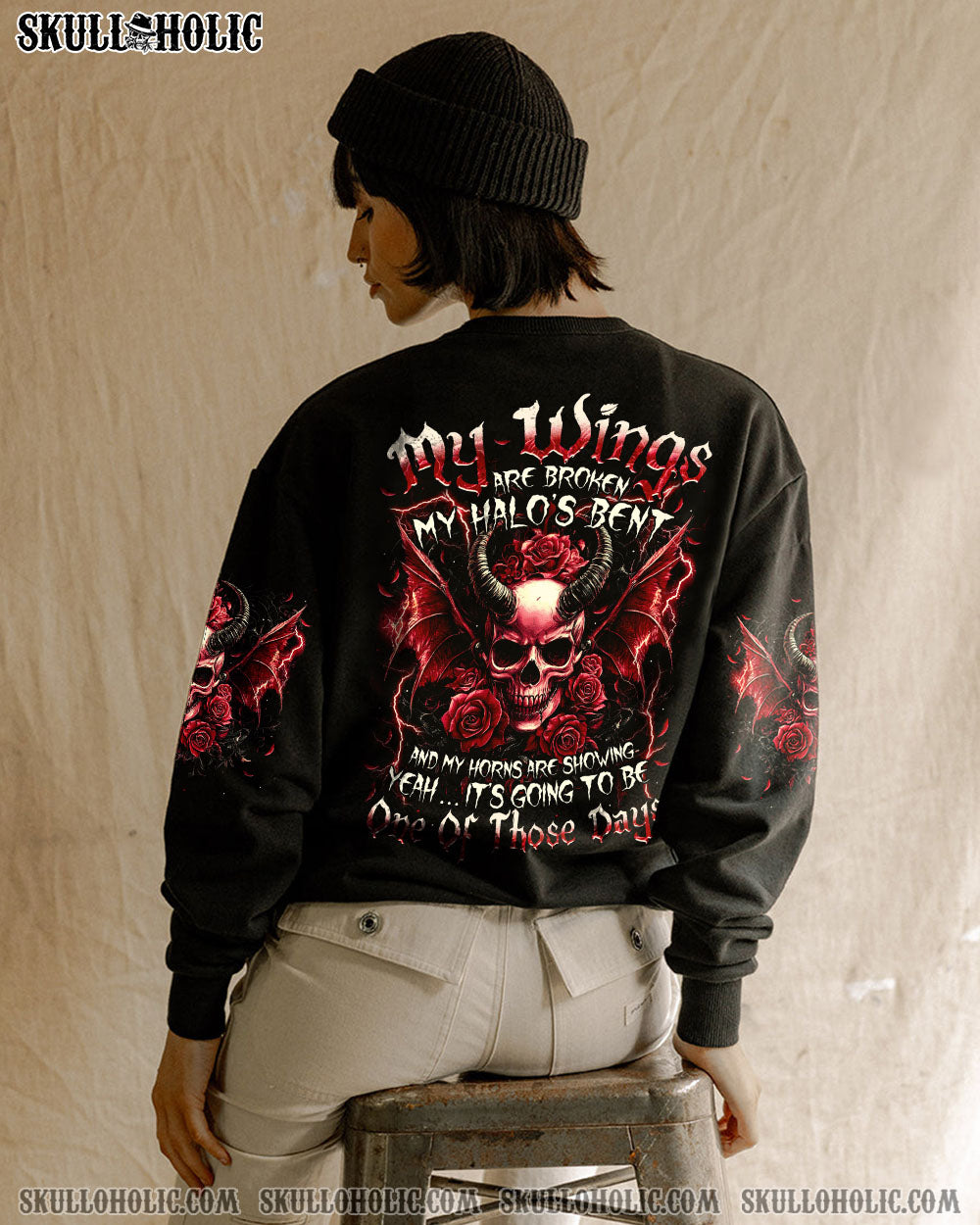My Wing are Broken My Halos Bent Red Devil Skull and Roses Gothic Graphic AOP Shirts _5_ ZMRjE