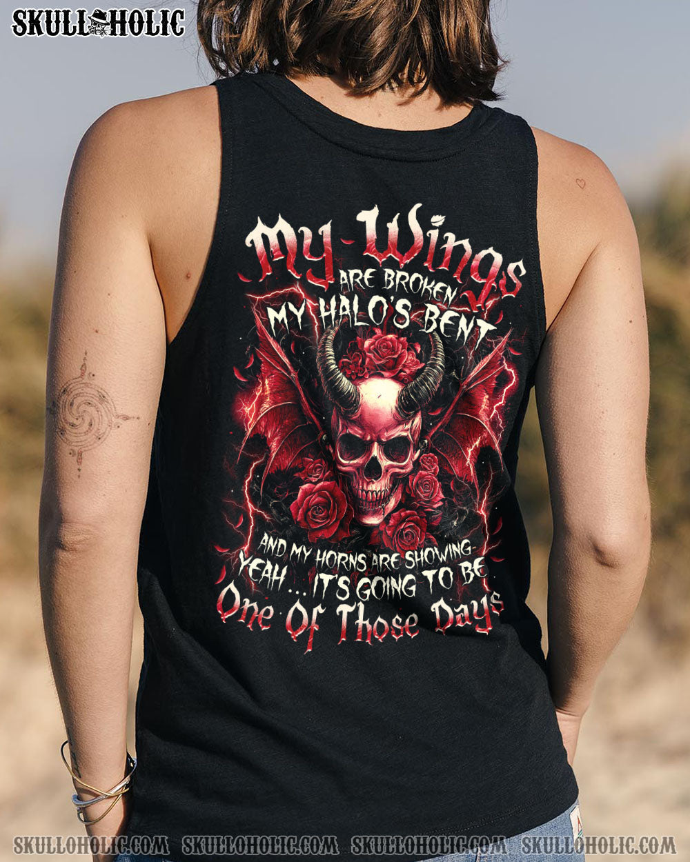 My Wing are Broken My Halos Bent Red Devil Skull and Roses Gothic Graphic AOP Shirts _9_ qUNfL