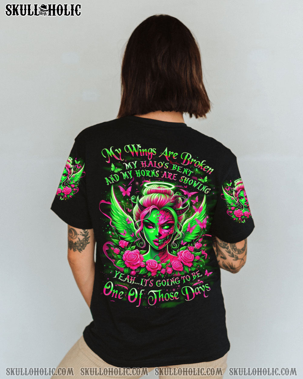 My Wings Are Broken One of Those Days Gothic Angel and Devil Neon Green Roses AOP Shirts _10_ bhNgA