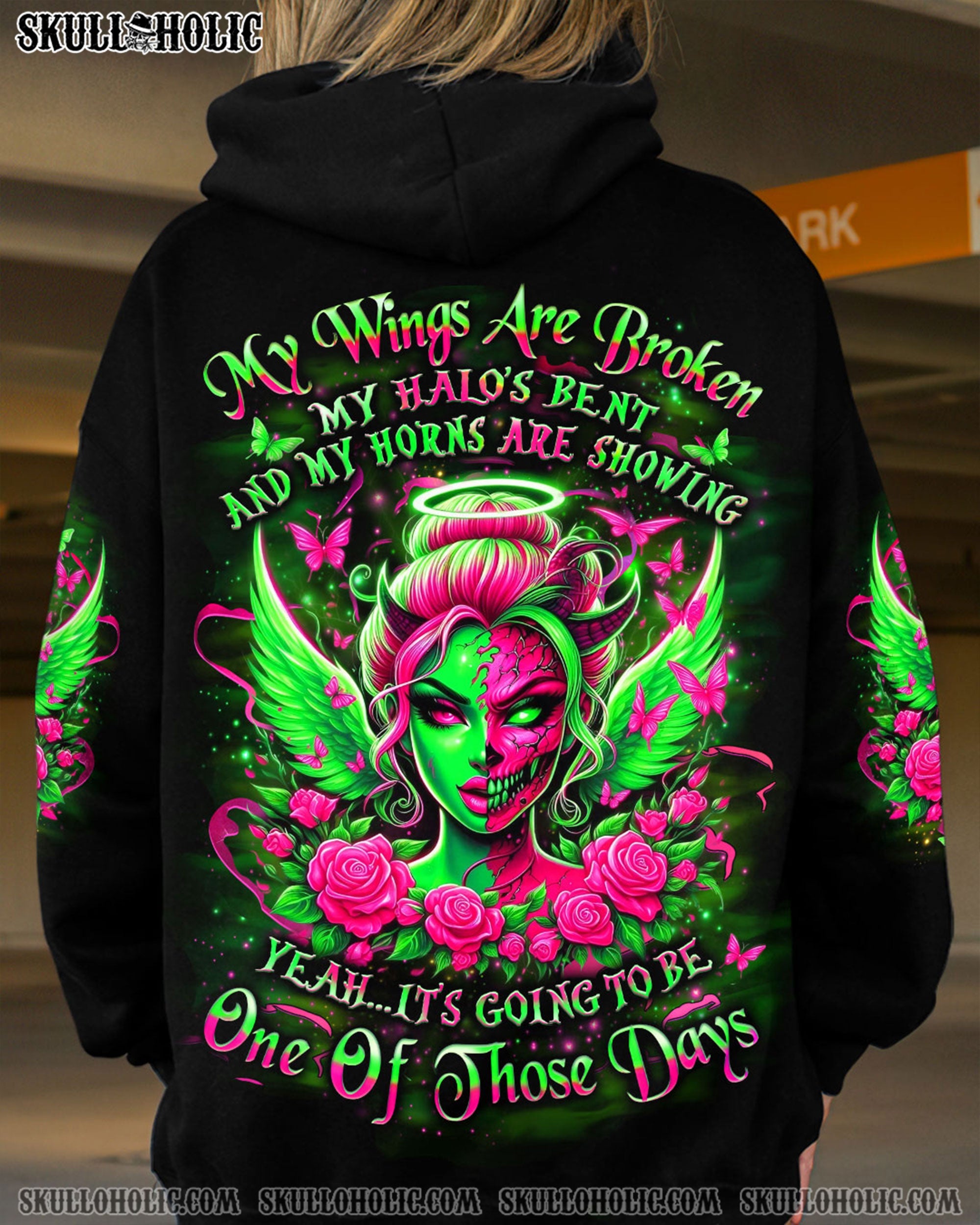 My Wings Are Broken One of Those Days Gothic Angel and Devil Neon Green Roses AOP Shirts _1_ bi7RI