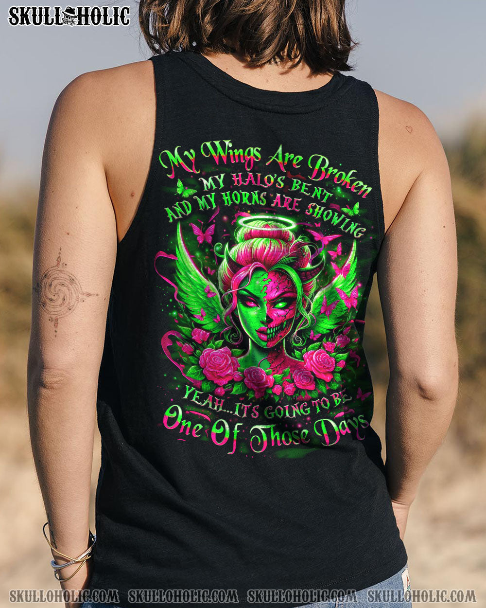 My Wings Are Broken One of Those Days Gothic Angel and Devil Neon Green Roses AOP Shirts _7_ oX0Yc