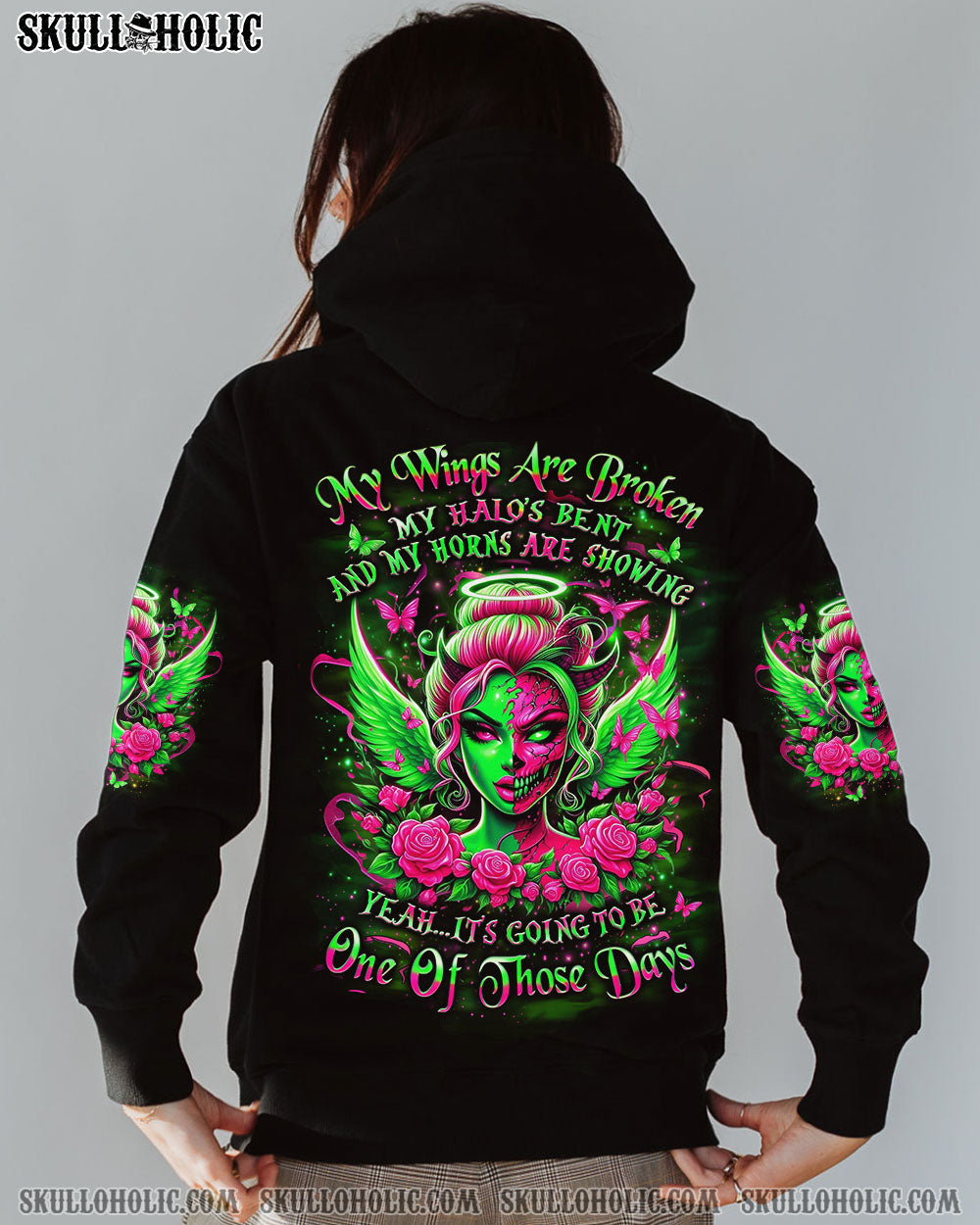 My Wings Are Broken One of Those Days Gothic Angel and Devil Neon Green Roses AOP Shirts _8_ JmIXK