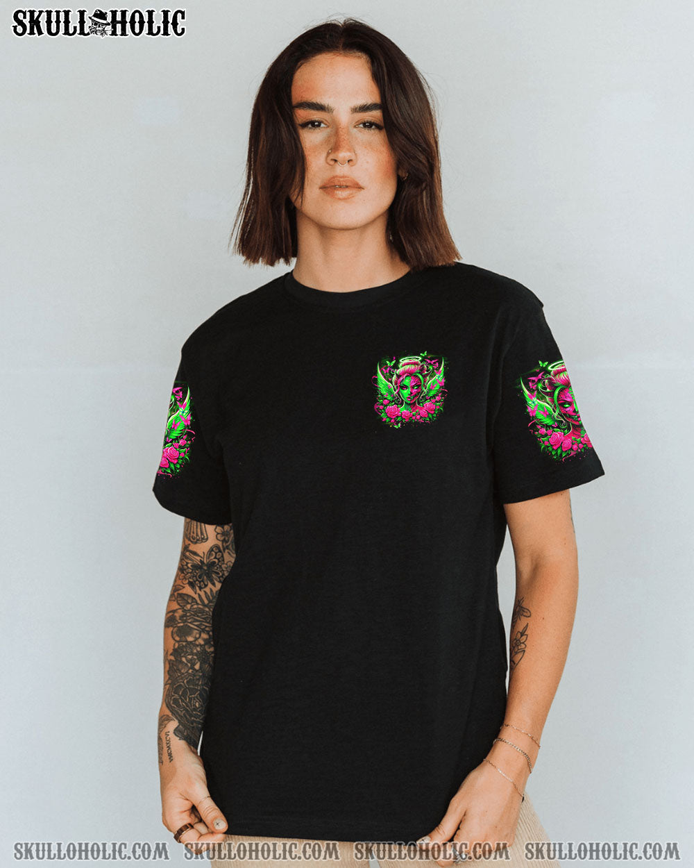 My Wings Are Broken One of Those Days Gothic Angel and Devil Neon Green Roses AOP Shirts _9_ OJZ4J