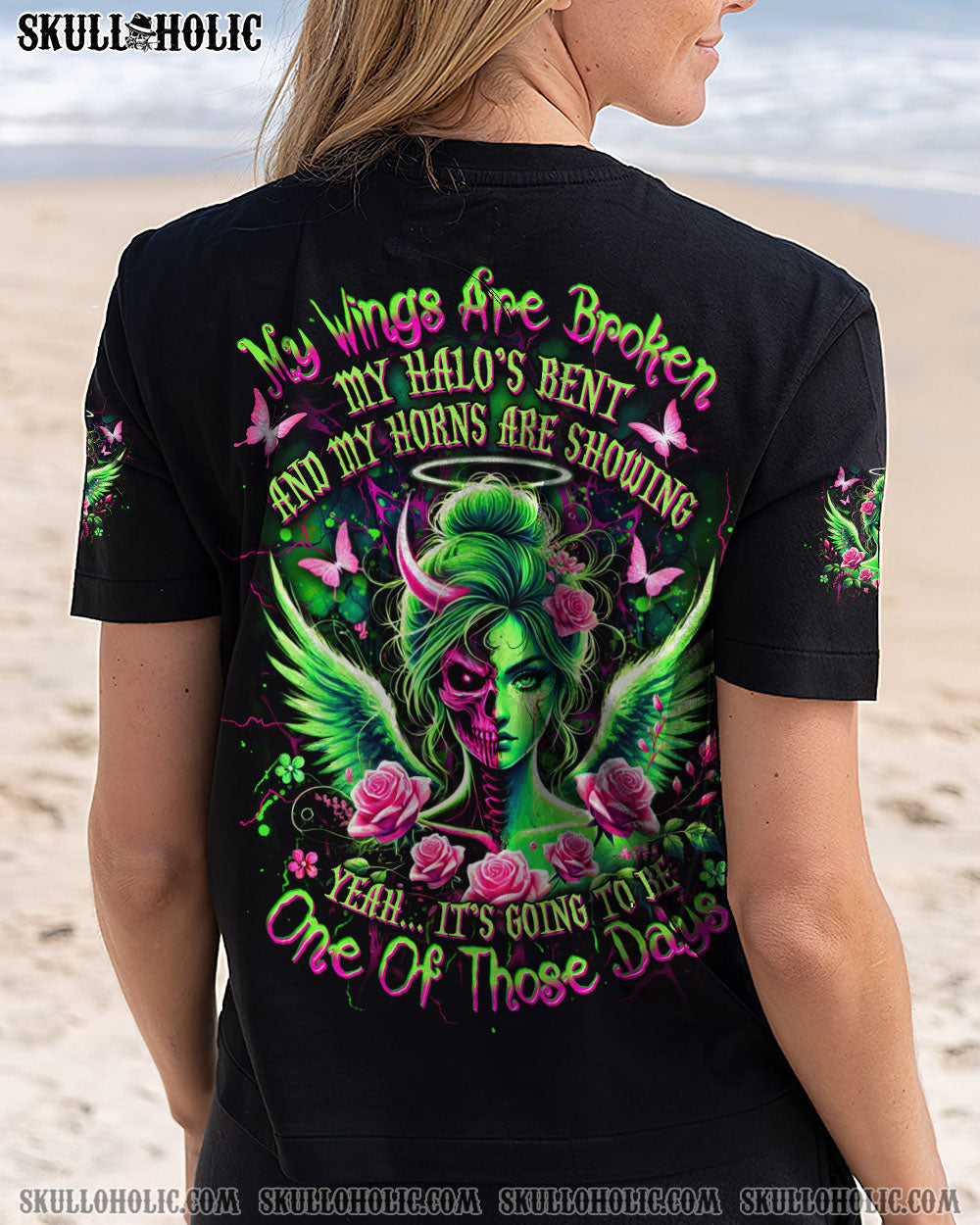 My Wings are Broken One of Those Days Neon Skull Girl Gothic Graphic AOP Shirts _12_ GvV2N