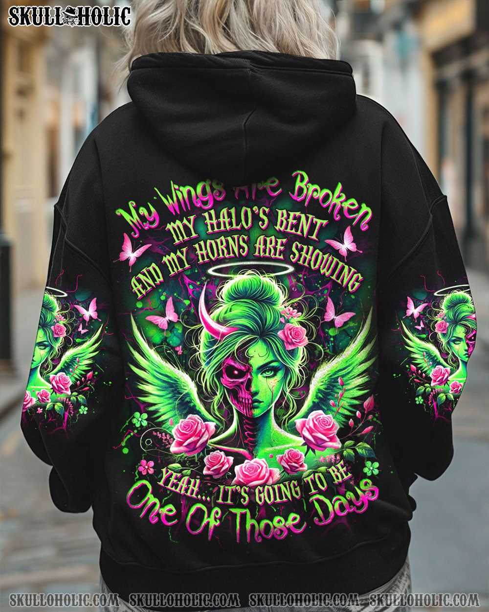 My Wings are Broken One of Those Days Neon Skull Girl Gothic Graphic AOP Shirts _1_ ow0s0