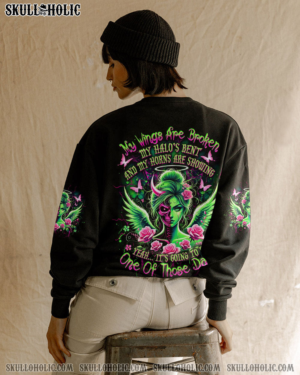 My Wings are Broken One of Those Days Neon Skull Girl Gothic Graphic AOP Shirts _3_ snu8G