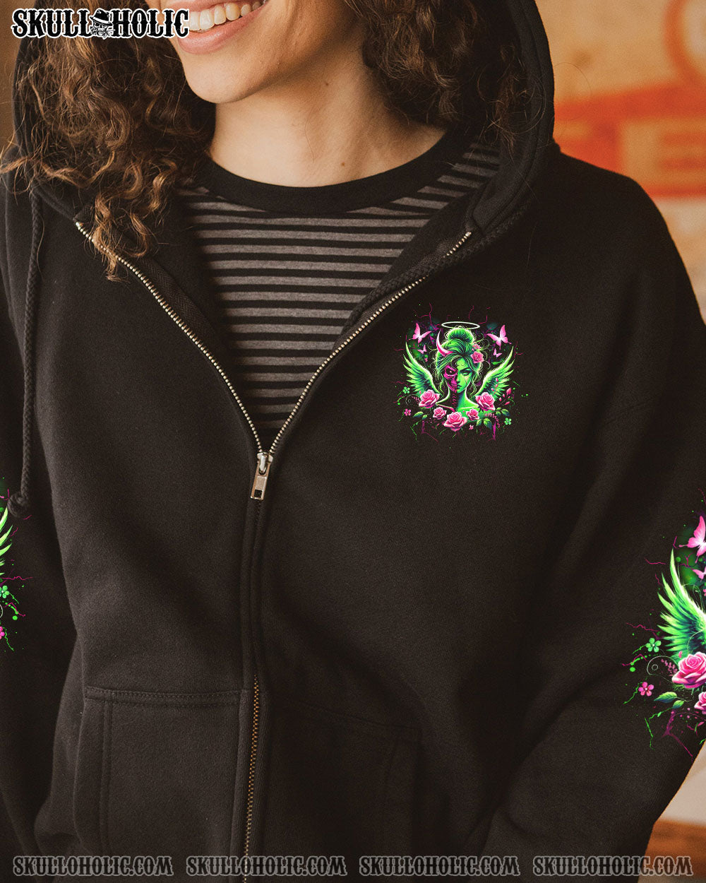 My Wings are Broken One of Those Days Neon Skull Girl Gothic Graphic AOP Shirts _4_ 98jFR