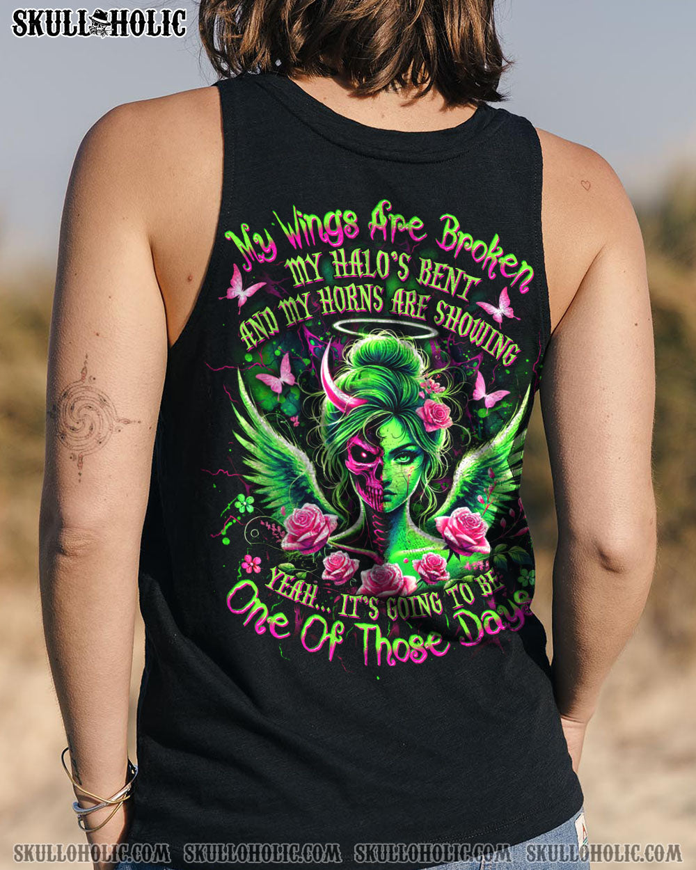 My Wings are Broken One of Those Days Neon Skull Girl Gothic Graphic AOP Shirts _7_ sVHfm