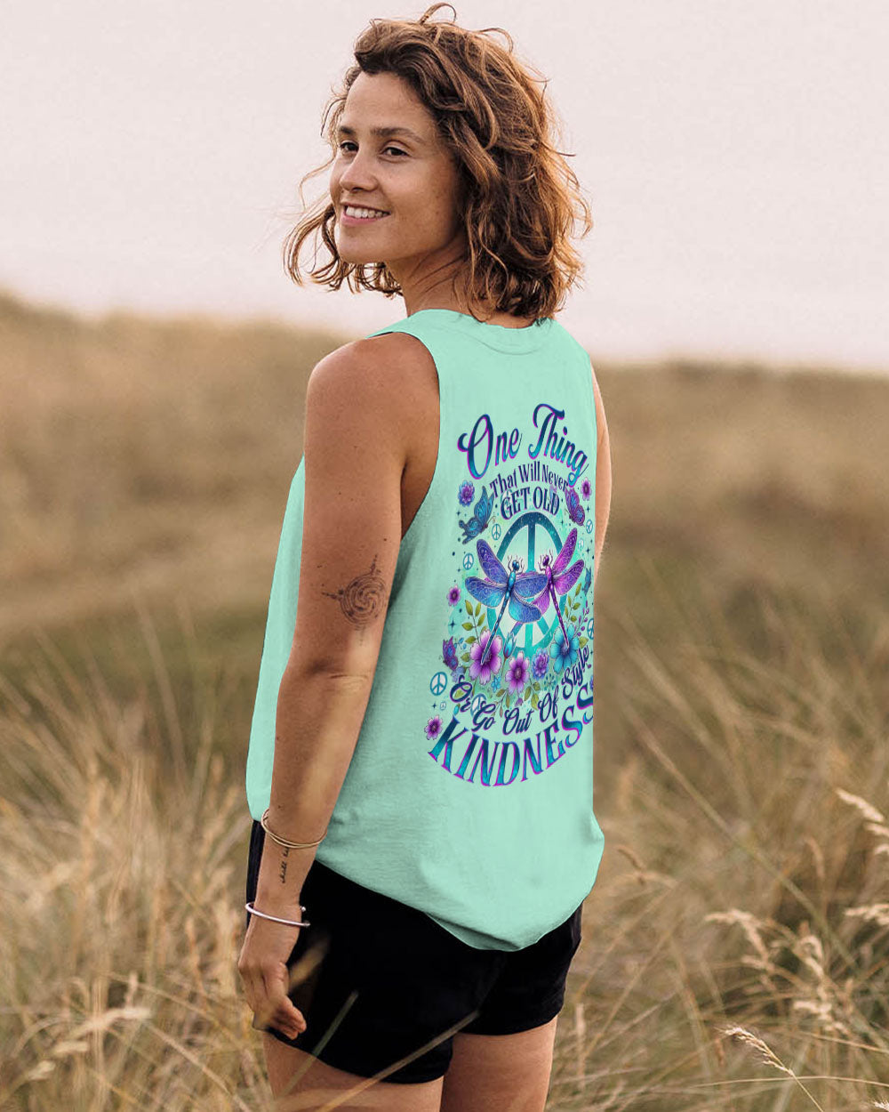 Never Get Old or Go Out of Style Kindness Dragonfly and Peace Sign Graphic AOP Shirts _13_ MiYog
