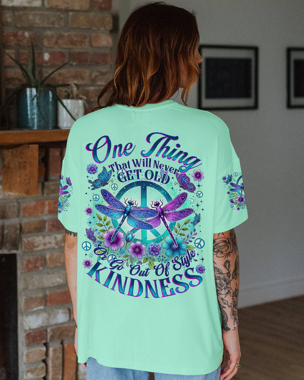Never Get Old or Go Out of Style Kindness Dragonfly and Peace Sign Graphic AOP Shirts _3_ TdPGs