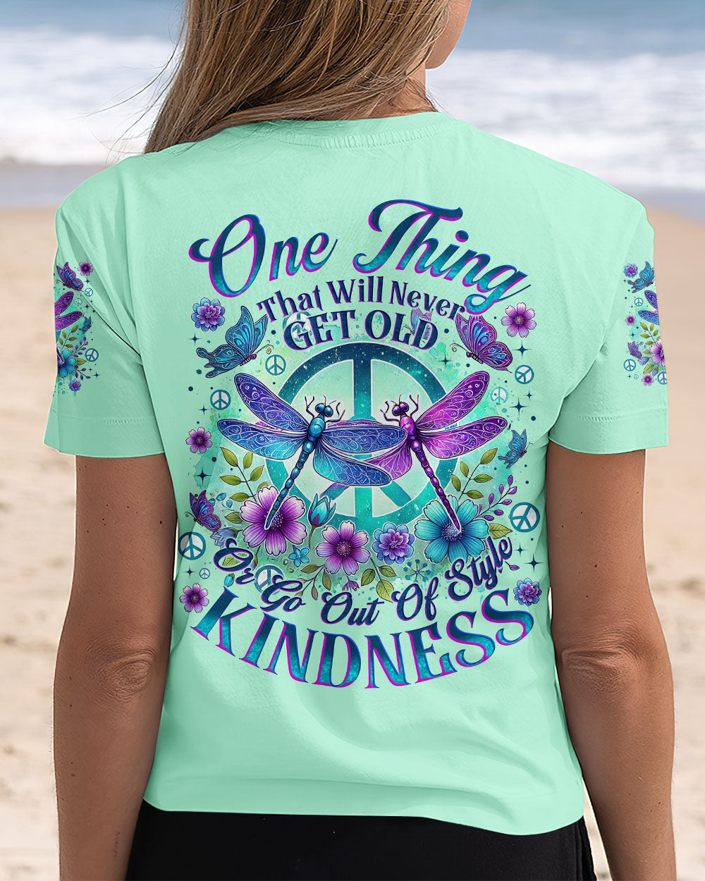 Never Get Old or Go Out of Style Kindness Dragonfly and Peace Sign Graphic AOP Shirts _5_ 0RQXW
