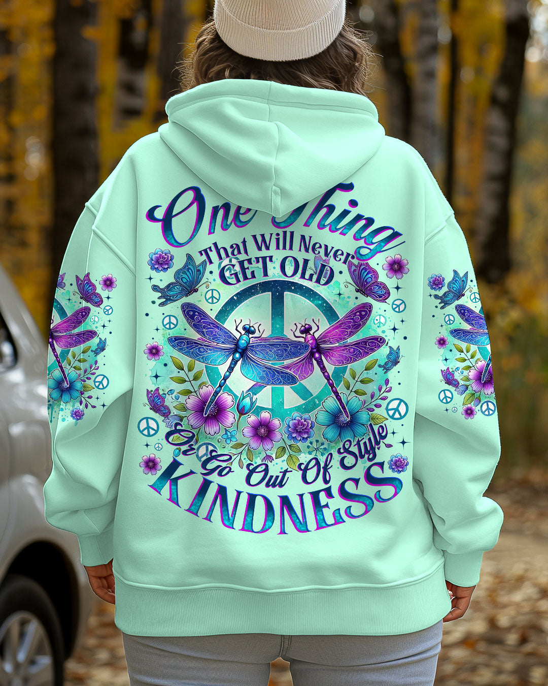 Never Get Old or Go Out of Style Kindness Dragonfly and Peace Sign Graphic AOP Shirts _7_ HL1rQ